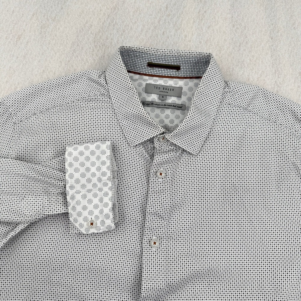 Ted Baker London Mens White/Black Geometric Micro Print Button Down Shirt Size 5
